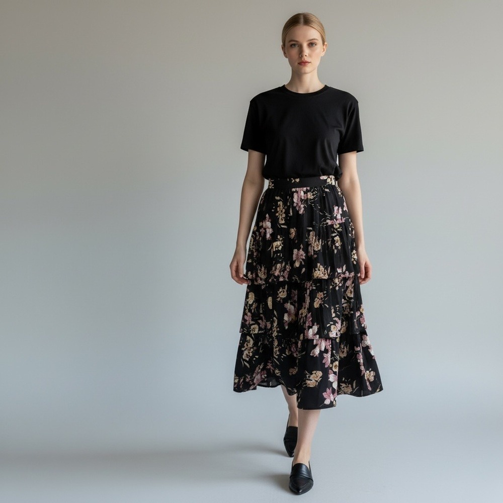 Floral Tiered Ruffle Maxi Skirt Black Pink Boho Flowy Cottage Gypsy Prairie L